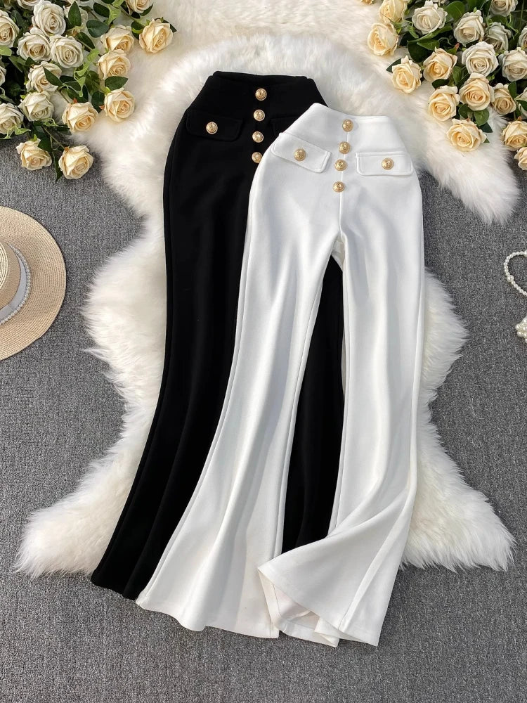 White Micro Flared Pants Spring Summer High Waist Metal Button Slim Fit Floor Length Trousers Elegant Commuting Suit Pants Women