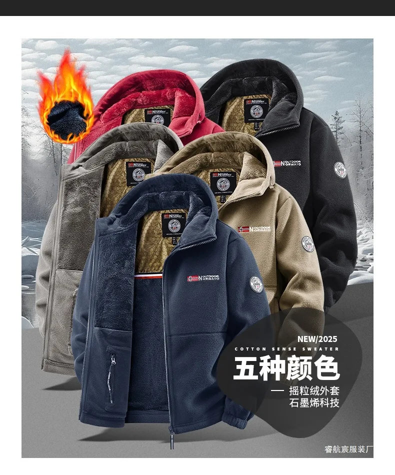 Men's Autumn Winter Fleece Jacket European-Style Hooded Warm Outdoor Thickened Couples' Coats New Arrivals