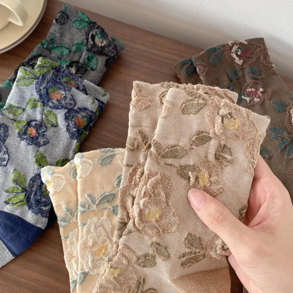 5 Pair Cute Print Socks For Women Long Autumn Winter Fashion Versatile Casual Ethnic Style Vintage Women's Socks Set 2025 New