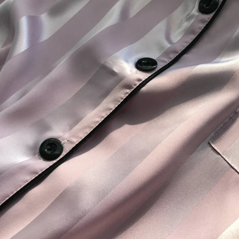 1 Set Women's Elegant Lounge Set, Plus Size Satin Striped Button Up Long Sleeve Shirt & Pants Pajamas