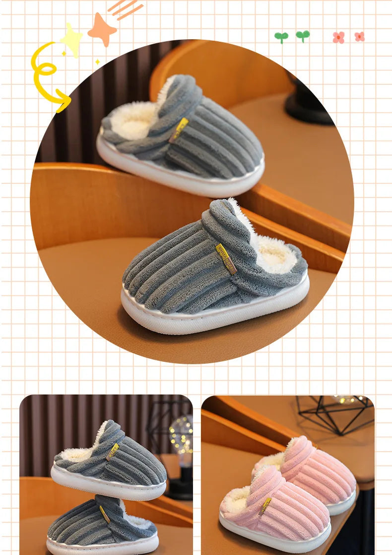 Winter children's cotton slippers for boys and girls, anti slip and warm bags, and parent-child fuzzy and plush home baby cotton