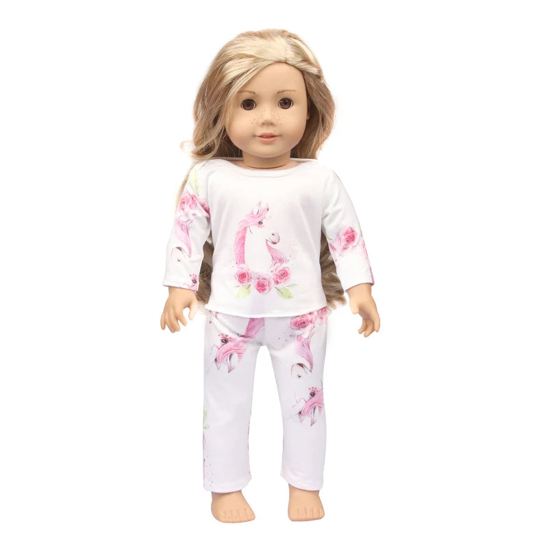 Doll Clothes Pajamas  For 43cm Baby New Born&American 18 Inch Girl Doll Unicorn Shark Cartoon Clothes Suit For Generation Doll