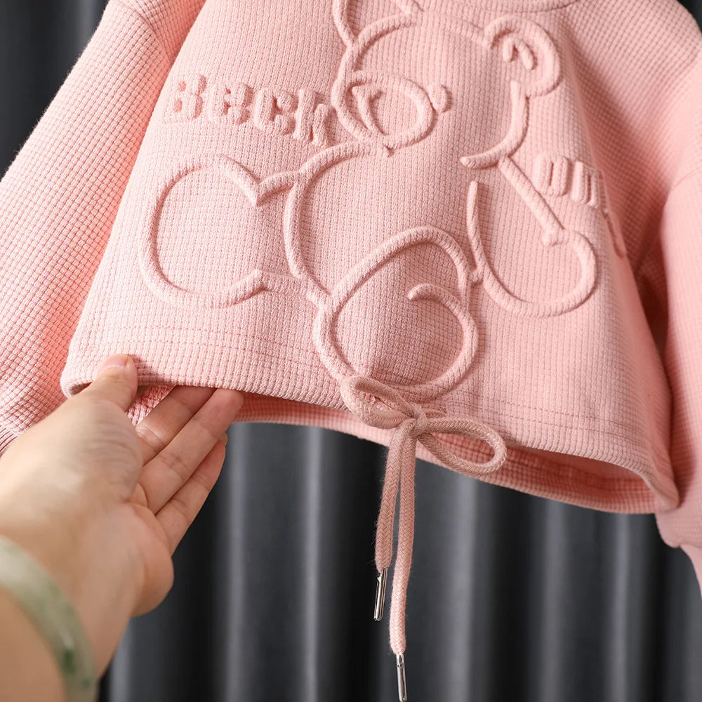 Spring Autumn Baby and Girls Cartoon Embossed Drawstring Sweatshirt+Sweatpant Kids 2PCS Tracksuit Child Outfit Jogger Set 1-9 Yr