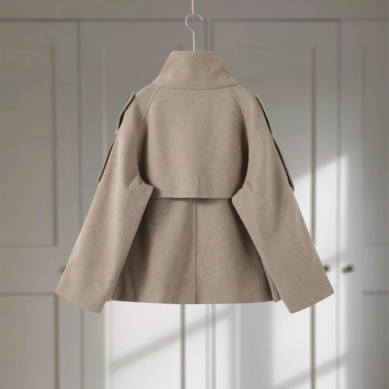 Elegant Women's Short Woolen Coats Stand Collar Double Breasted Long Sleeve Female Jacket 2025 Autumn Winter Lady Warm Outwear
