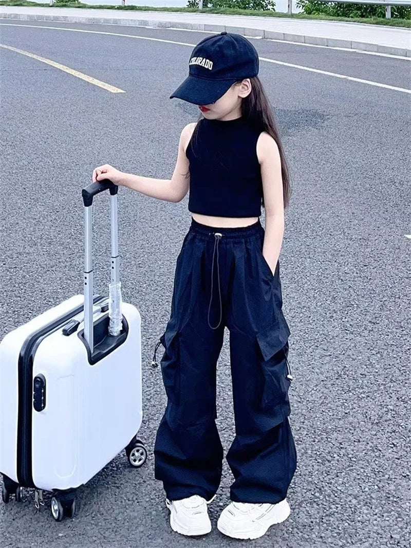 Girls Sports Cargo Pants Kids Fashion Straight Baggy Trousers Children Streetwear Sweatpants Teenager Vintage Casual Pants
