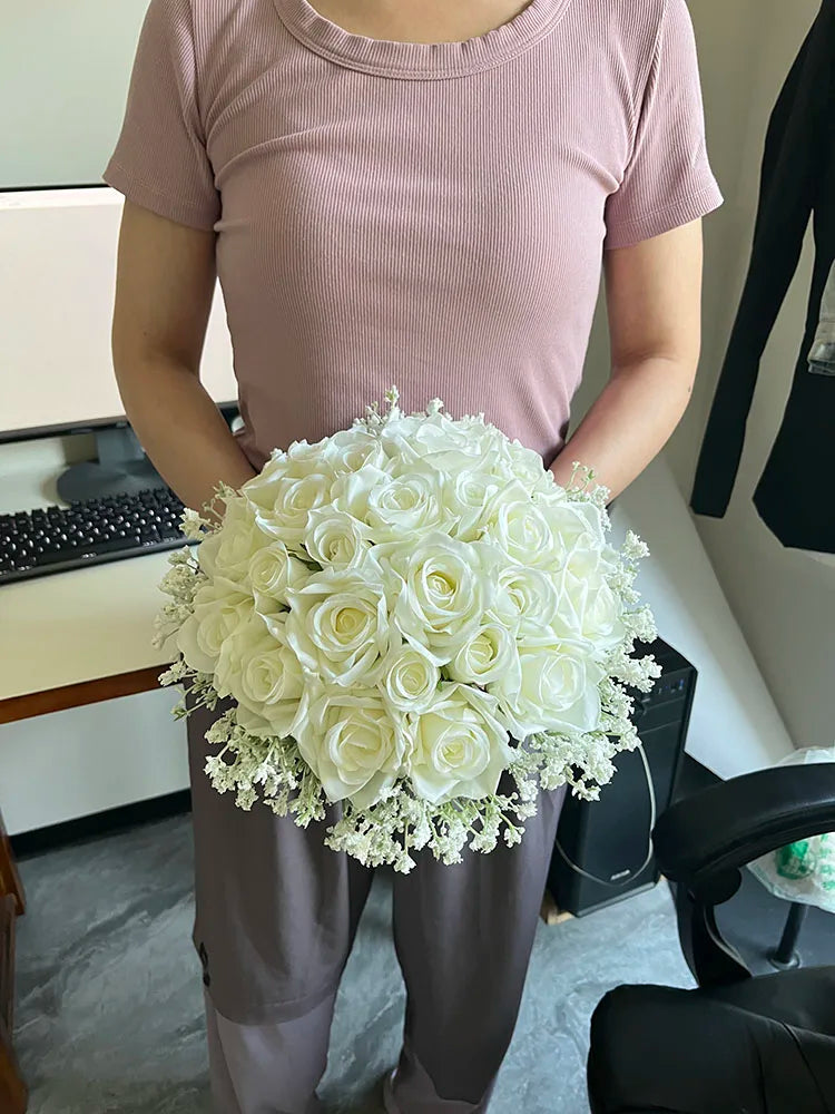 Bridal Bouquet Wedding Flowers Bridesmaids Silk Roses Fake Babys Breath Bride Wedding Accessories Table Centerpiece Decoration