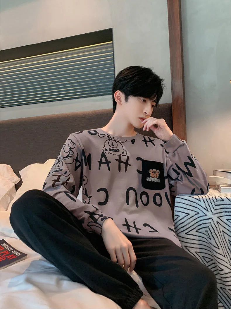 Plus Size Men Pajamas Autumn Winter Long-Sleeved Loose Leisure Cartoon Bear Striped 2PCS/Set Black O-Neck Soft Casual Loungewear