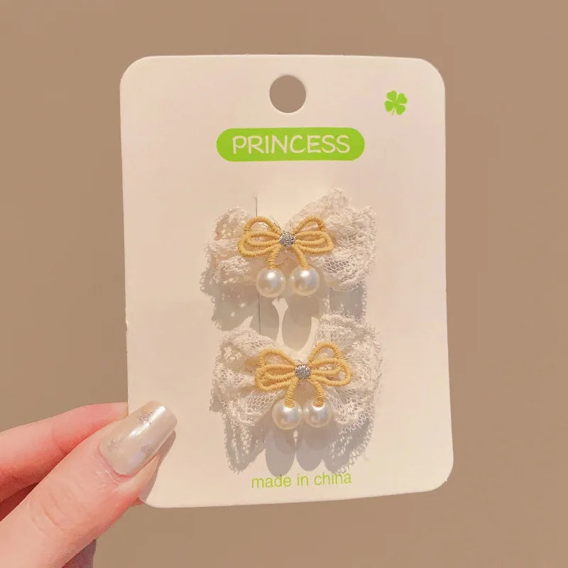 2PCS/Set Kids Headdress Sided Clips Lace Embroidery Flower Bow Hair Clips for Baby Girl Sweet Bowknot Princess Barrettes Hairpin