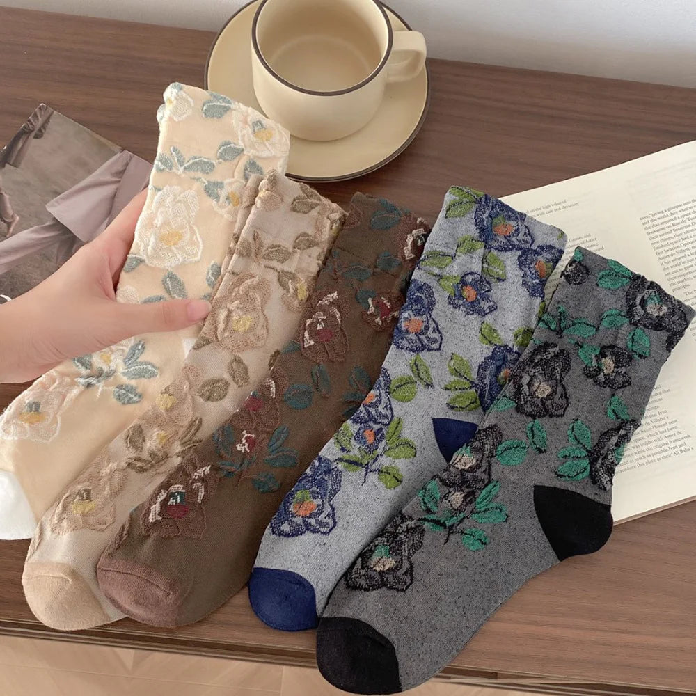5 Pair Cute Print Socks For Women Long Autumn Winter Fashion Versatile Casual Ethnic Style Vintage Women's Socks Set 2025 New