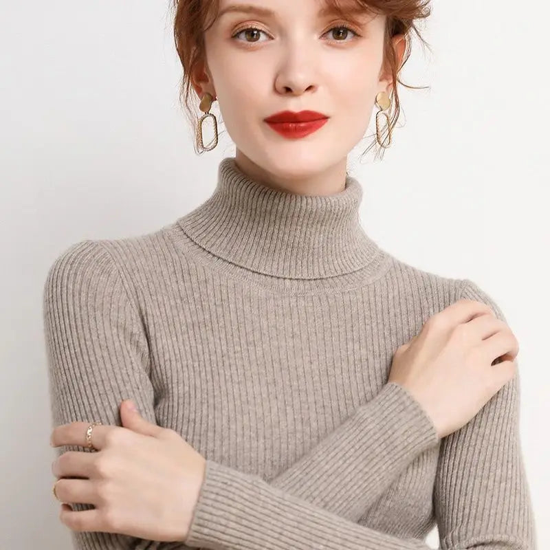 Autumn and winter new Korean slim fit women's pullover sweater knitted sweater pull up women's high neck sweater women