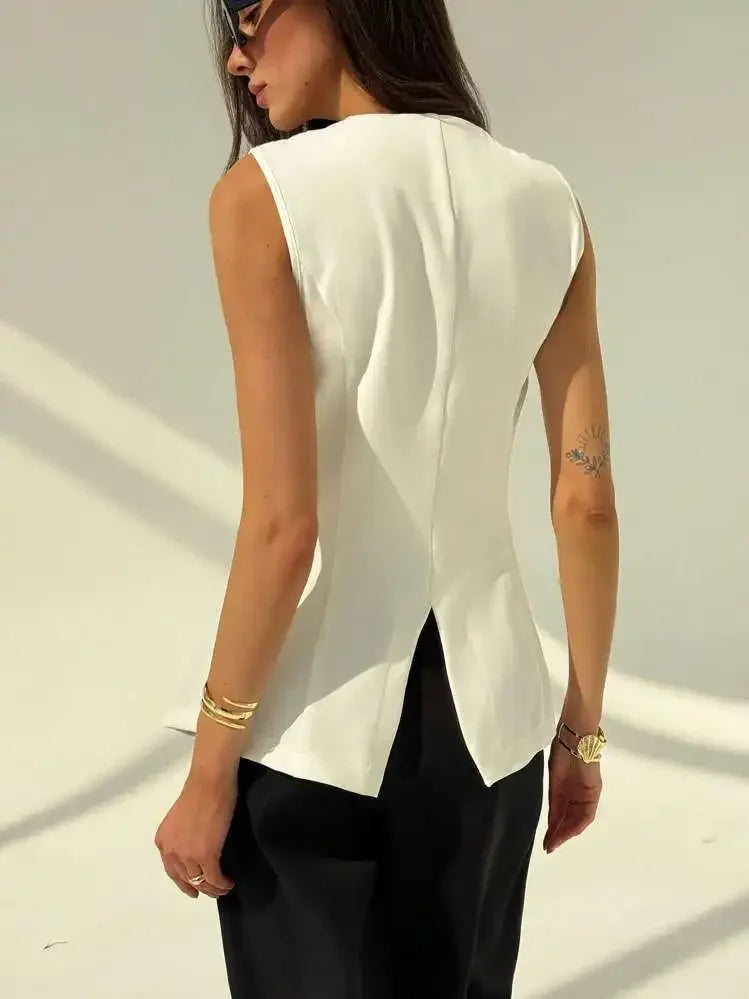 Loose Artistic Women's Vest 2025 New Style British Style V-Neck Versatile Waist-Cinching Top Polyester Fiber Outerwear
