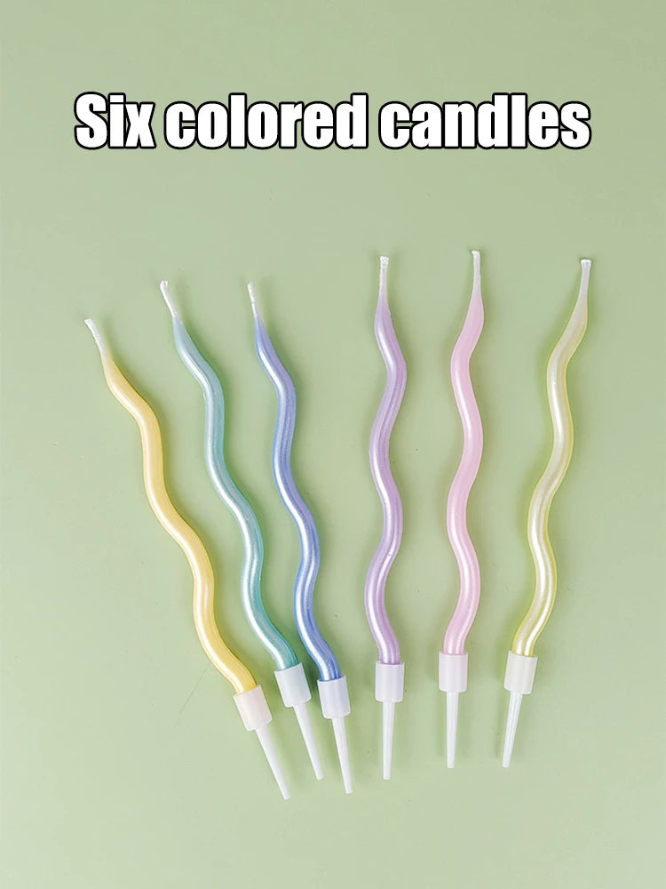 Six Birthday Candles In Various Colors, Including Curved, Rotating, Spiral Cakes, For Baking