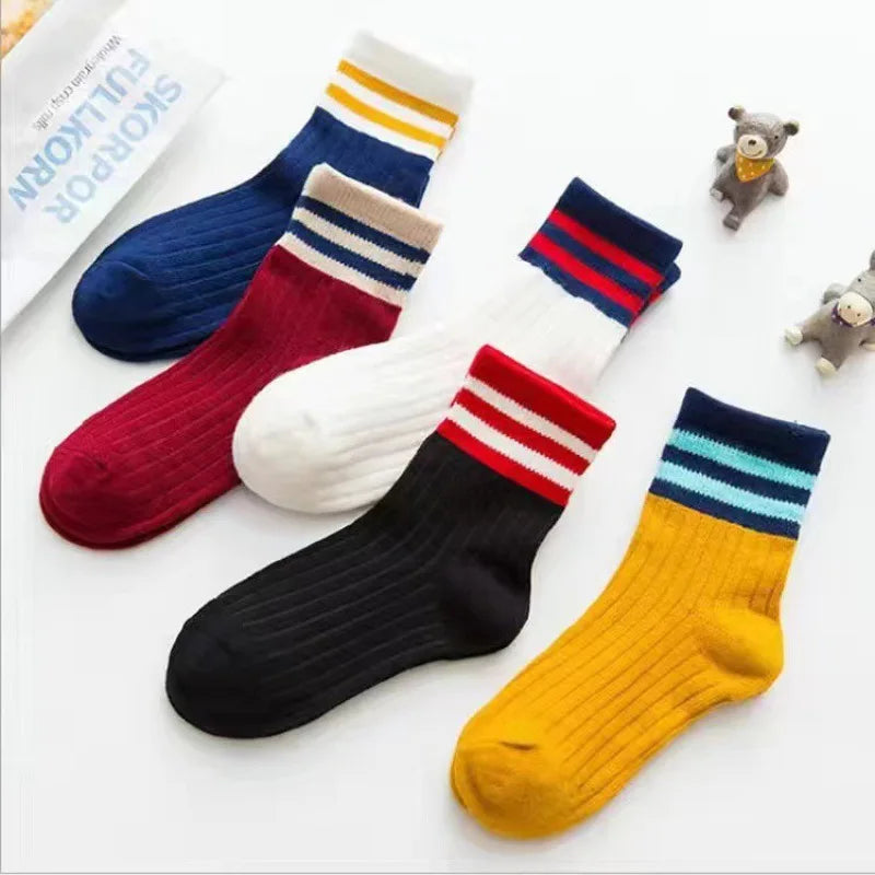 5 Pairs/Lot Autumn Winter High Elastic Simple Children Socks Korean Cotton Stripes Solid Color Alphabet Boys Girls Socks 1-12 Y