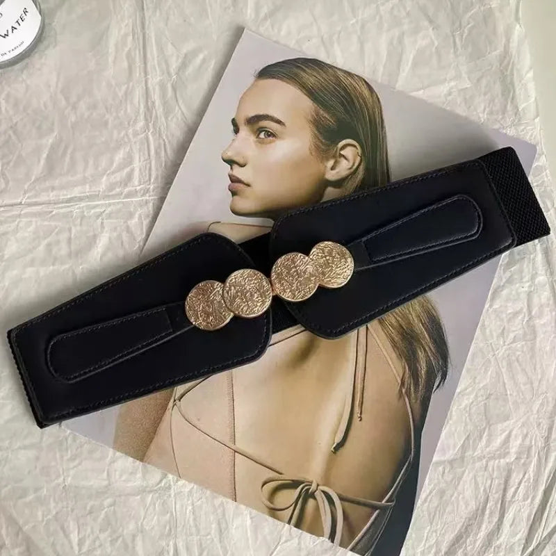 Waist belt for women; stretch elastic wide belt for decoration; outer dress with a versatile belt; skirt with accessories in bla