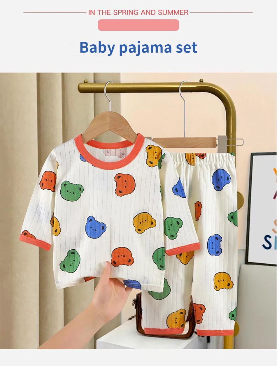 Spring Winter Kids Long Sleeve and Pants Pajamas Set Soft Breathable Baby Sleepwear Cartoon Bear AC Room Wear Boys Girls Clothes
