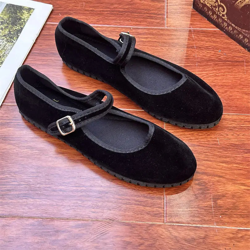 Elegant Mary Janes Flats Shoes Women Black Buckle Strap Shallow Casual Ballet Shoes Ladies Spring Autumn Canvas Loafers 2024
