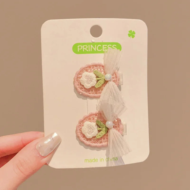 2PCS/Set Kids Headdress Sided Clips Lace Embroidery Flower Bow Hair Clips for Baby Girl Sweet Bowknot Princess Barrettes Hairpin