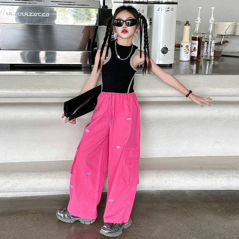 Stylish Loose-fit Cargo Pants Girls Summer Arrival Hip Hop Street Dance Trousers Teenage Streetwear Baggy Joggers Pants 5-14Y