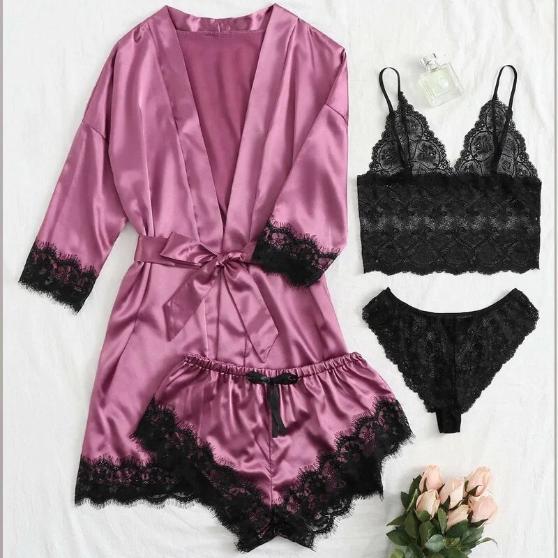 new Women's Sleep Lounge New Pajama Sets European American 4-piece set with lace satin suspender summer set for sleeping pajamas