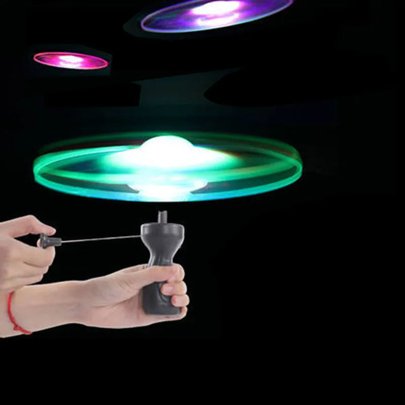 Kid Sports Pull Line Saucer Toys Children Outdoor Fun Rotating Flying Toy LED Light Processing Flash Flying Toy for Parks Beach