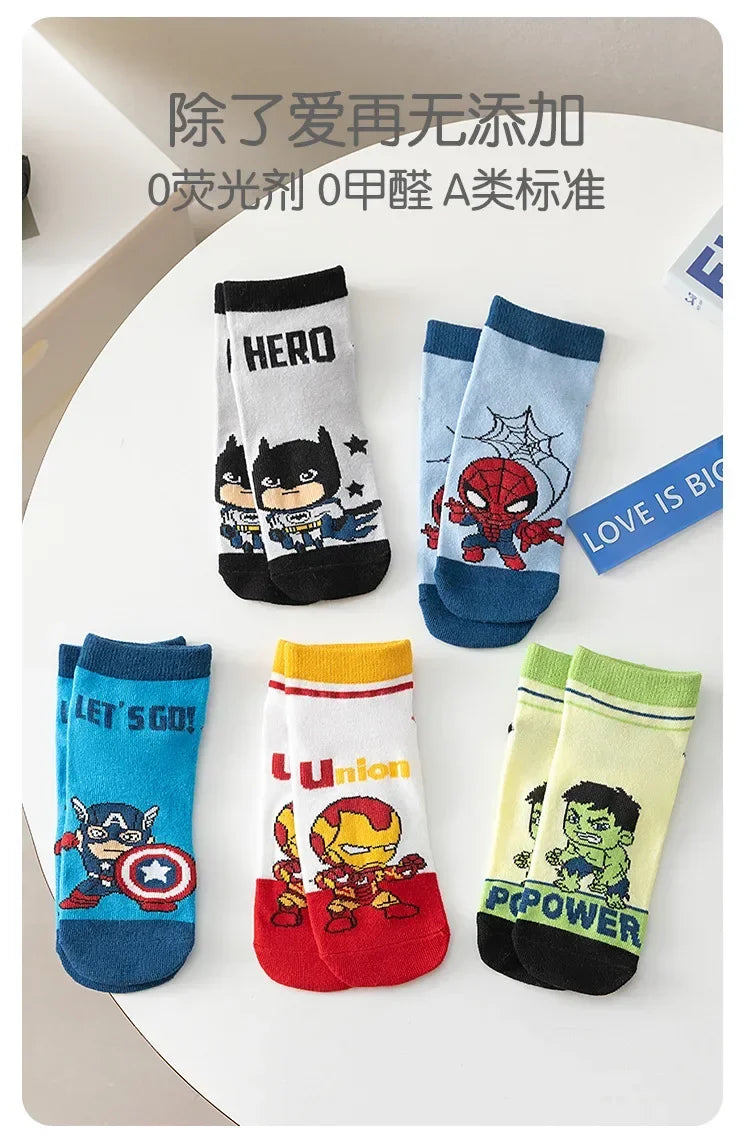 5 Pairs Spiderman Cotton Children's Socks iron Man Hulk Thor Anime kids Boys Short Socks Cartoon Baby Spring Summer Short Socks