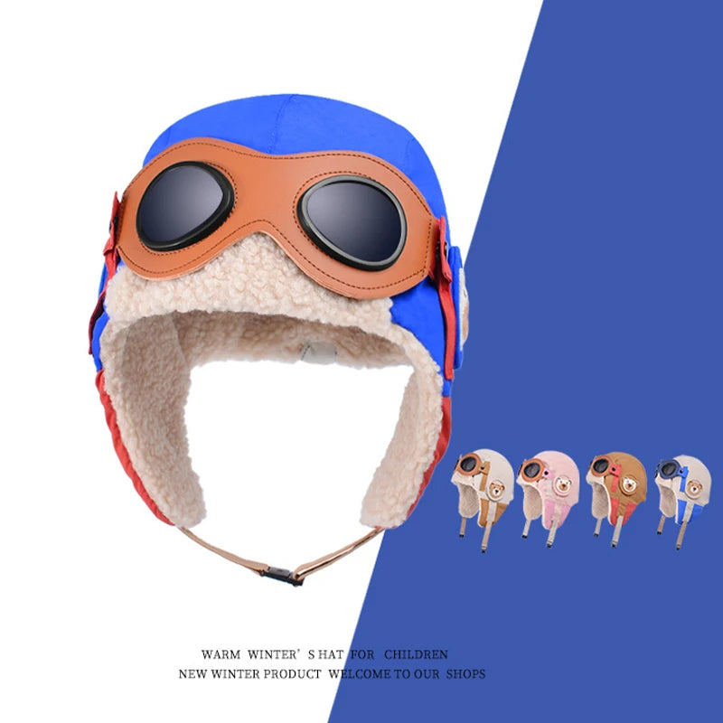 Winter Children Cute Pilot Glasses Lei Feng Hat Boys And Girls Thick Plush Warm Ear Protection Hats