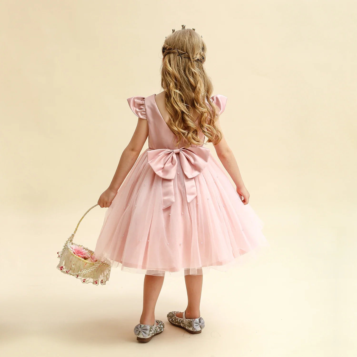 Toddler Girl Flower Birthday Tulle Dress Backless Bow Wedding Gown Kids Party Wear Princess Pink Outfit Baby Girls Bowknot Dress