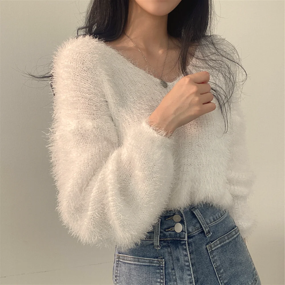 Women's Soft Cozy V-Ne Sweater Autumn Winter Faion Sweet Loose Fit Knitted Top Pink Color Trendy Ladies Sle Long Sve