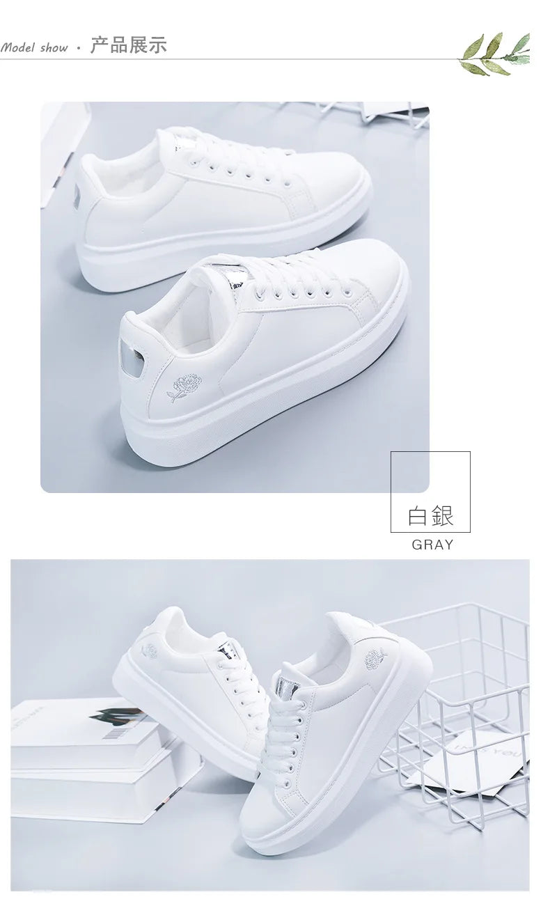 Fashion White Breathable Women Running Shoes 2023 Spring Autumn Embroidered Flower Lace-Up Casual Sneakers Zapatos De Mujer