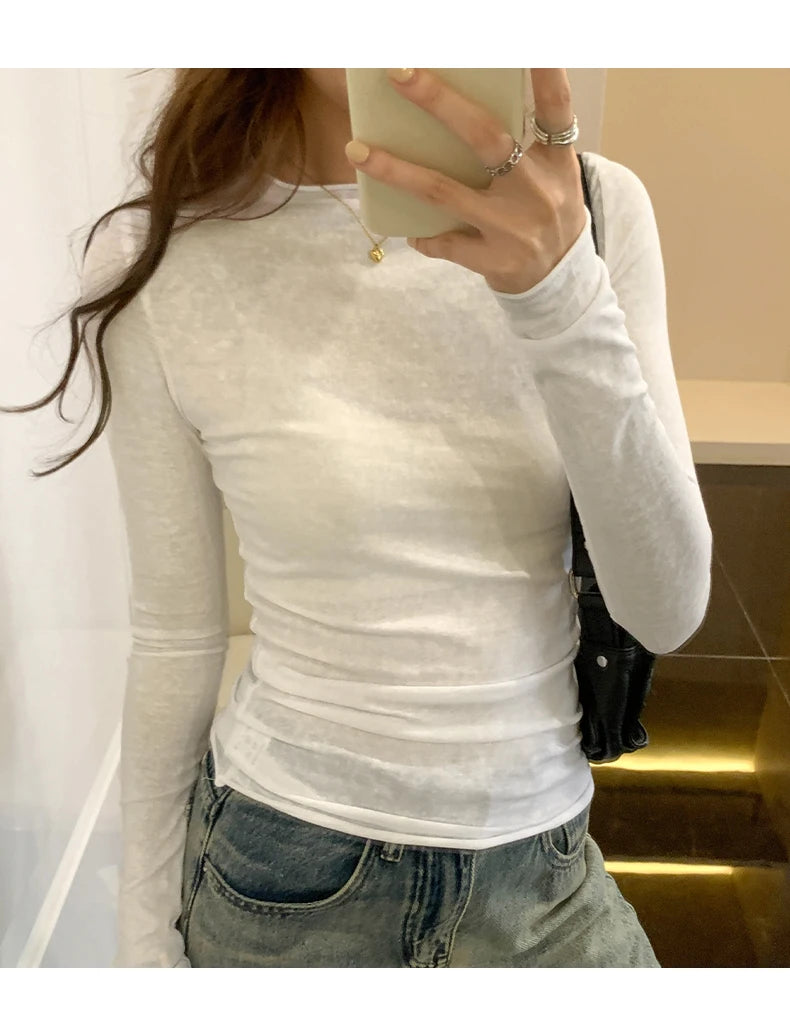 2025 Spring Autumn T shirt Women Tops Solid Slim Fit Long Sleeve O Neck Tshirts Female Casual Streetwear High Quality Base Tees