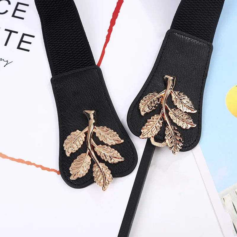 Women's Waist Cover Fashionable Gold Leaf Elastic Waist Closure With Double Hook Buckle Wide Belt Paired With Skirt Women Belt