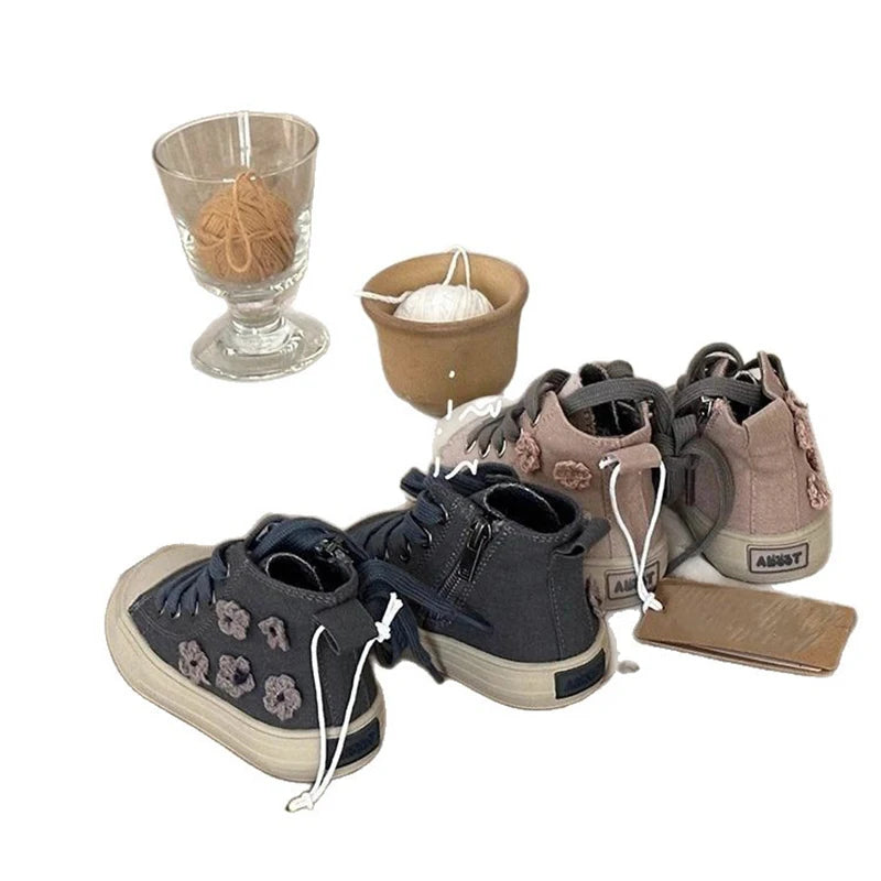 Children High Top Canvas Shoes Baby Soft Casual Shoes Boys Girls Fashion Anti-slip Side Zip Sneakers