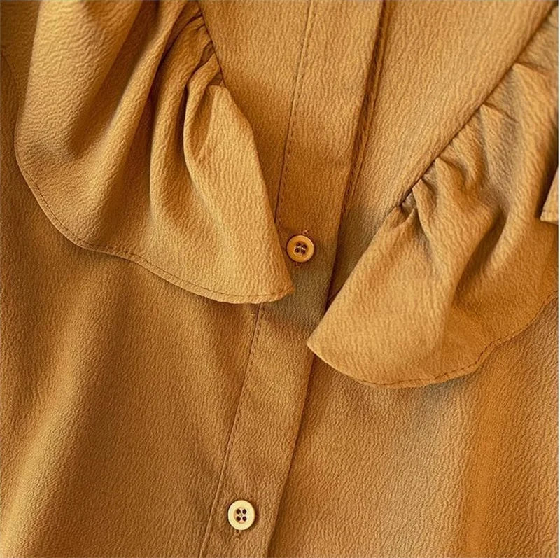 Ruffled Long Sleeved Shirt 2025 New Summer Autumn Chiffon Shirt Women's Blouse Lantern Sleeve Shirt Korean Popular Clothes ﻿