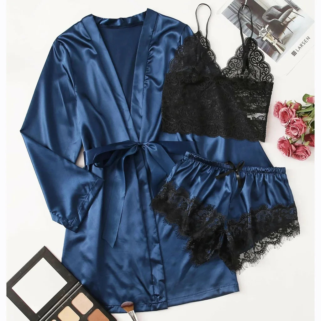 new Women's Sleep Lounge New Pajama Sets European American 4-piece set with lace satin suspender summer set for sleeping pajamas