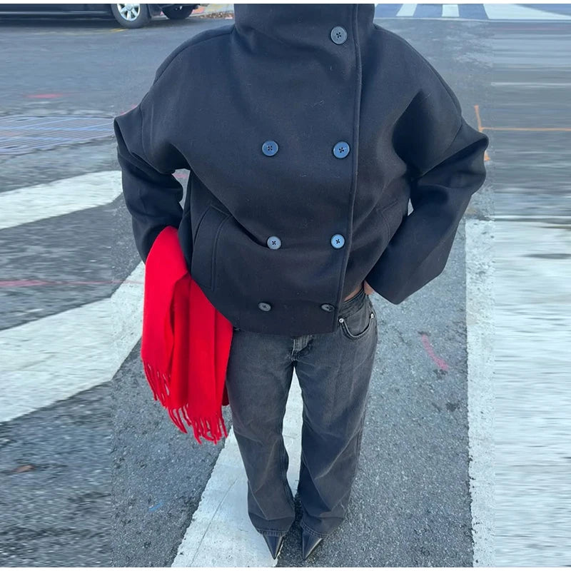 Elegant Women's Short Woolen Coats Stand Collar Double Breasted Long Sleeve Female Jacket 2025 Autumn Winter Lady Warm Outwear