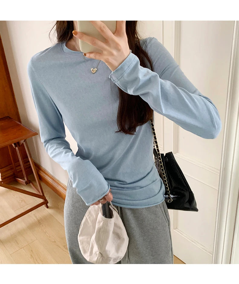 2025 Spring Autumn T shirt Women Tops Solid Slim Fit Long Sleeve O Neck Tshirts Female Casual Streetwear High Quality Base Tees