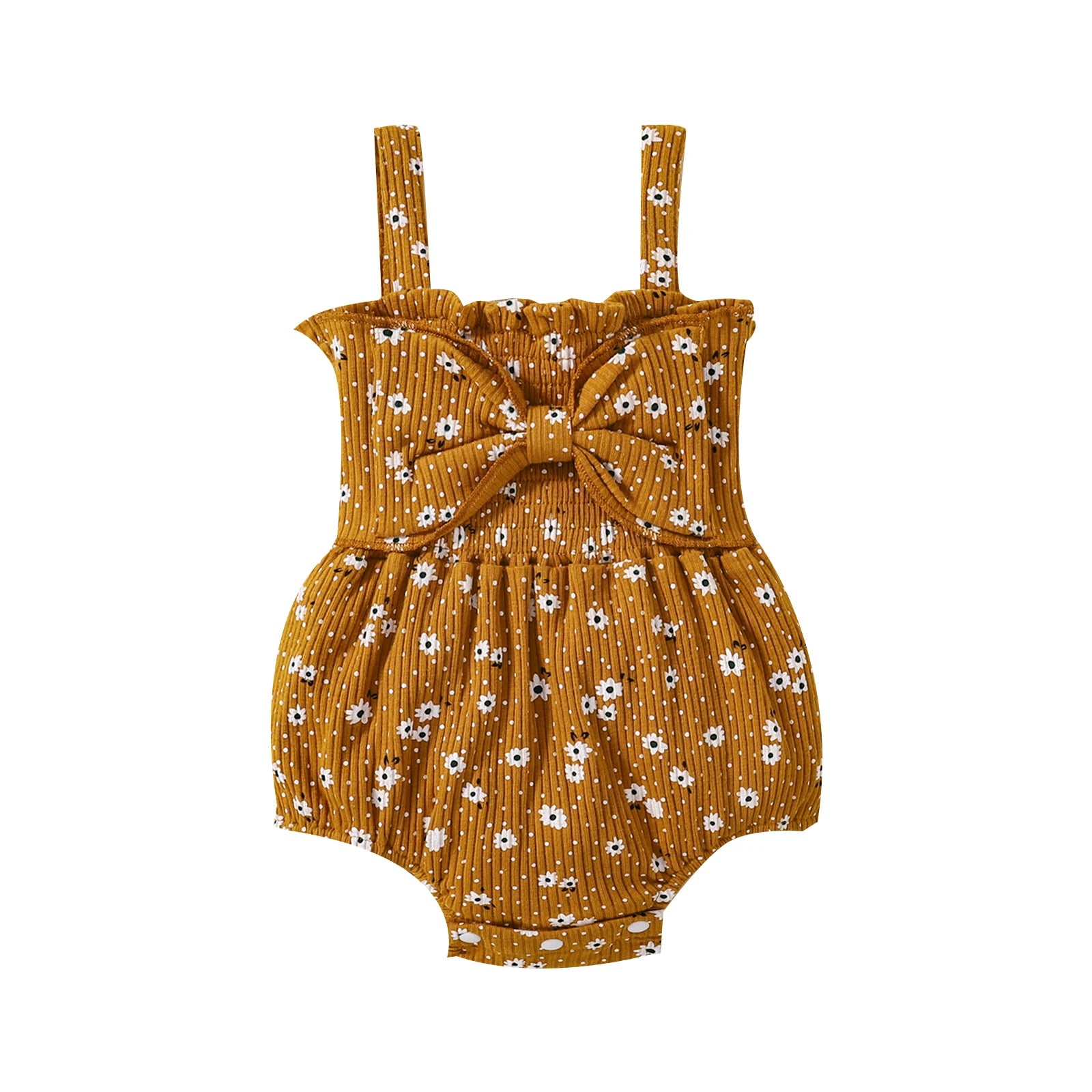 Summer Newborn Ribbed Bodysuit, Baby Girls Sleeveless Flower & Dot Print Jumpsuits with Bow Elastic Playsuits