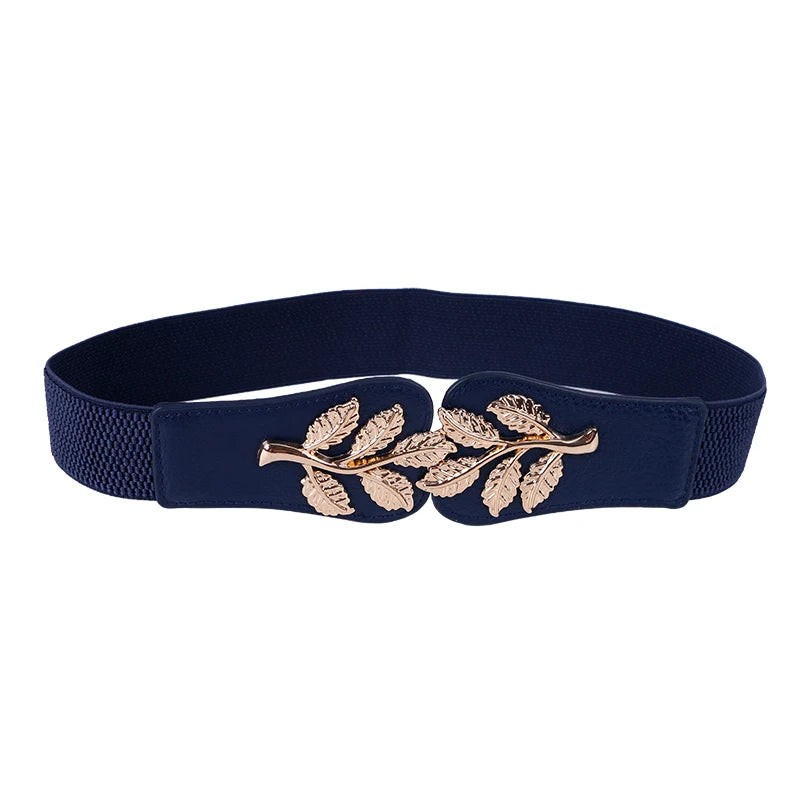 Women's Waist Cover Fashionable Gold Leaf Elastic Waist Closure With Double Hook Buckle Wide Belt Paired With Skirt Women Belt