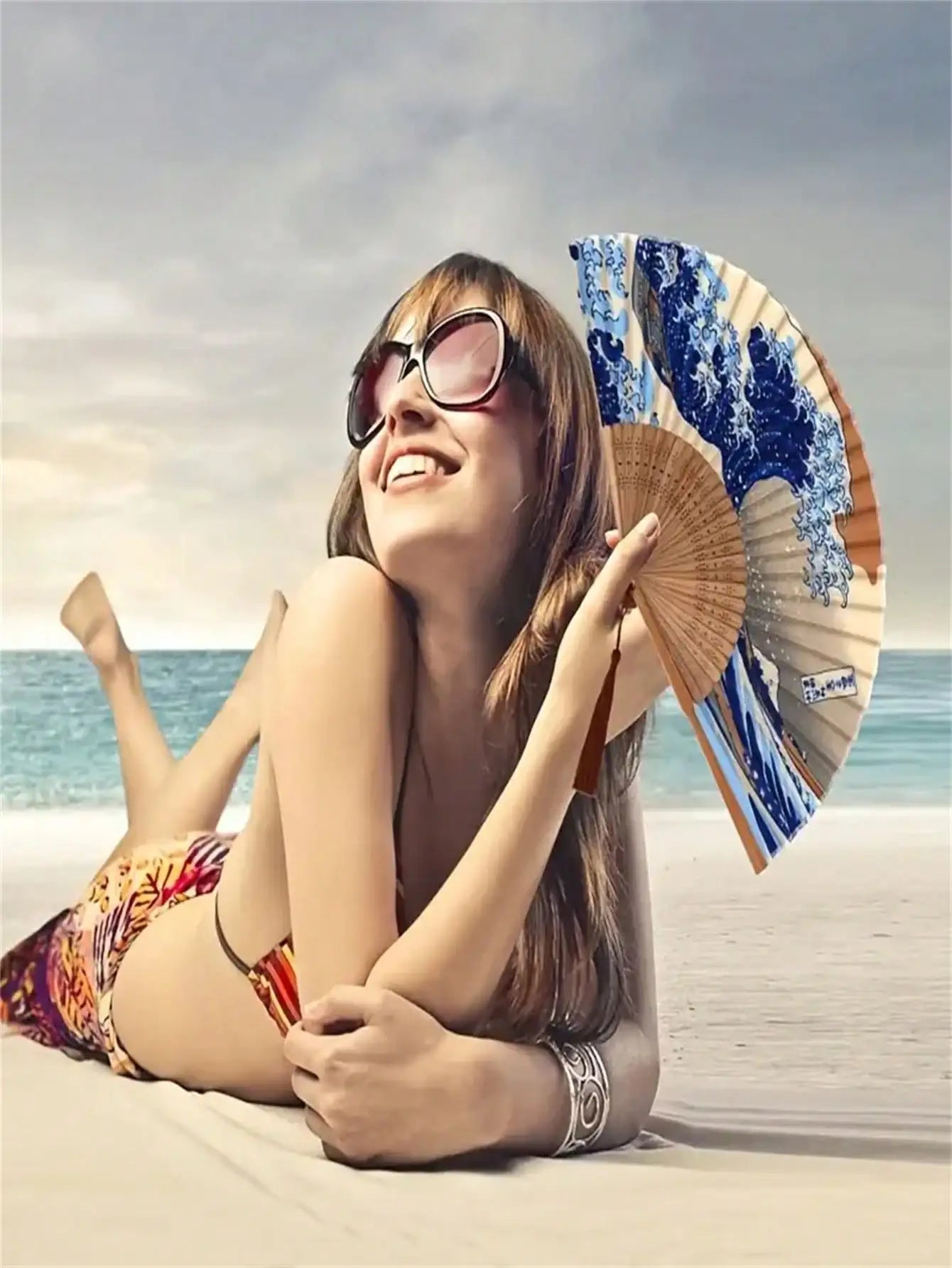 1pc, Japanese Folding Fan Handmade Decorative Kanagawa Wave Foldable Fan Handheld Vintage Hand Fans For Women Portable Folding F