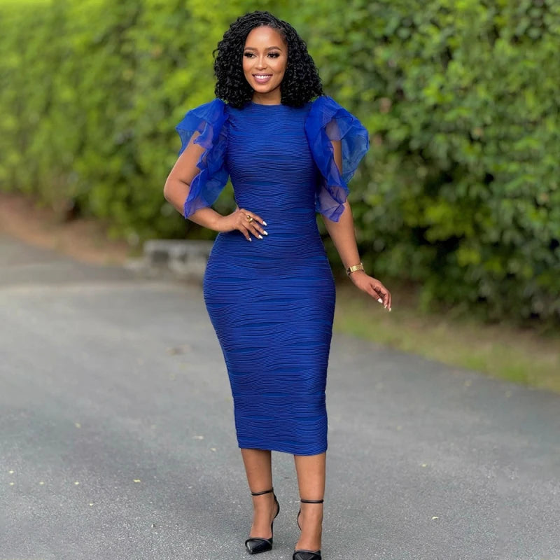 New African Fashion Women Dress O Neck Ruffle Sleeves Package Hips Bodycon Dress Office Lady Evening Birthday Party Vestidos