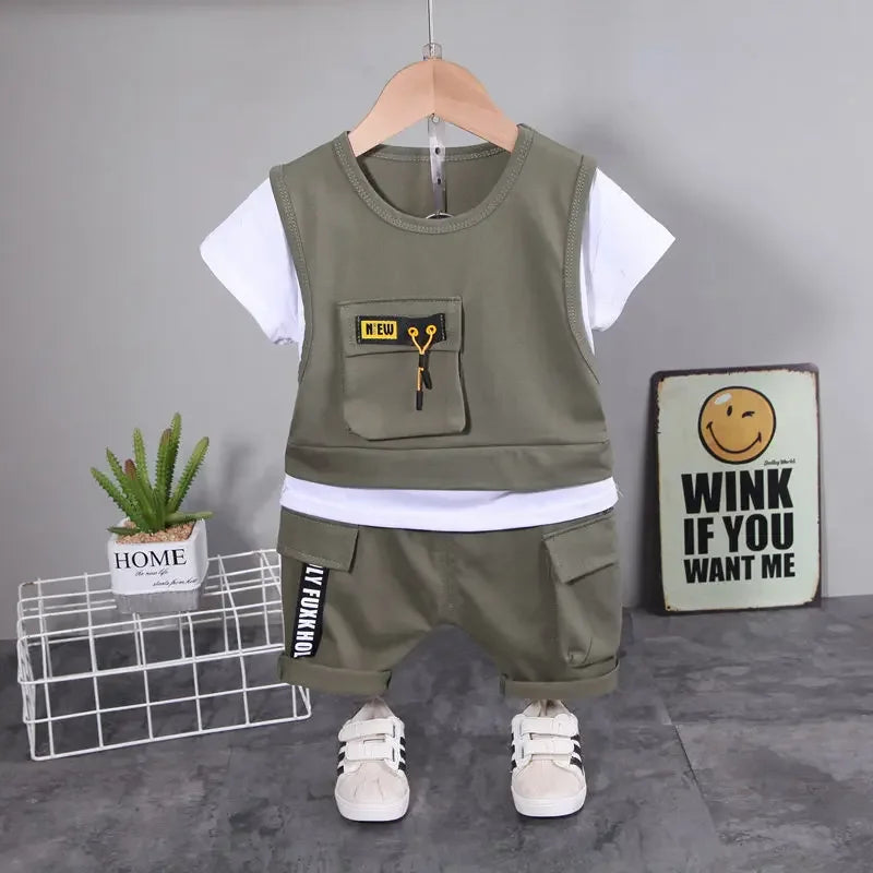 New Children Cotton Clothes Summer Kids Boys Patchwork T Shirts Shorts Pants 2Pcs/sets Infant Kids Toddler Tracksuits 0-5 Years