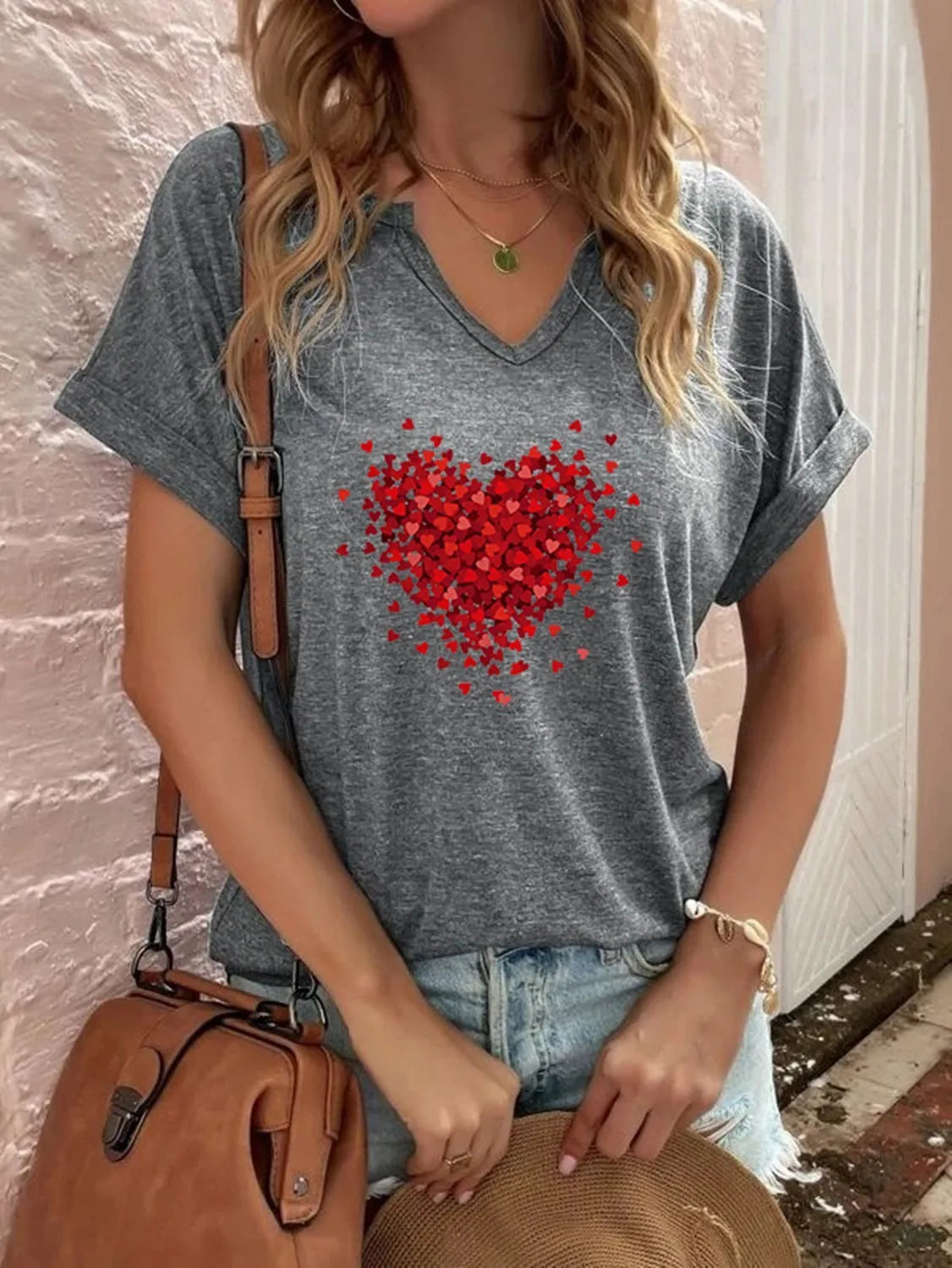 1PC Milk Silk European Style Women's Red Love Print V-neck T-shirt Blouse Short Sleeve