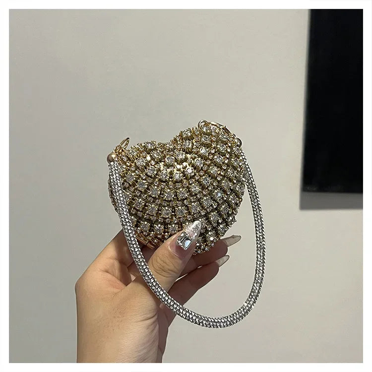 Luxury Mini Diamond Inlay Heart Shape Crystal Clutch Purse Stones Evening Wedding Party Shoulder Bag Handle Rhinestone Handbags