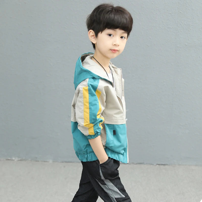 2025 New Splicing Boys Coat Spring Autumn Letter Printing Handsome Hooded Windbreak For 4-12 Years Kids Sports Leisure Outerwear