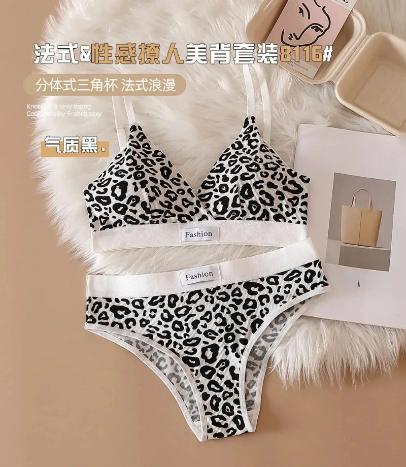Women Seamless Bra Set Low Waist Panties Leopard Bralette Sexy Lingerie Set Vneck Sport Brassiere Female Cotton Underwear Set
