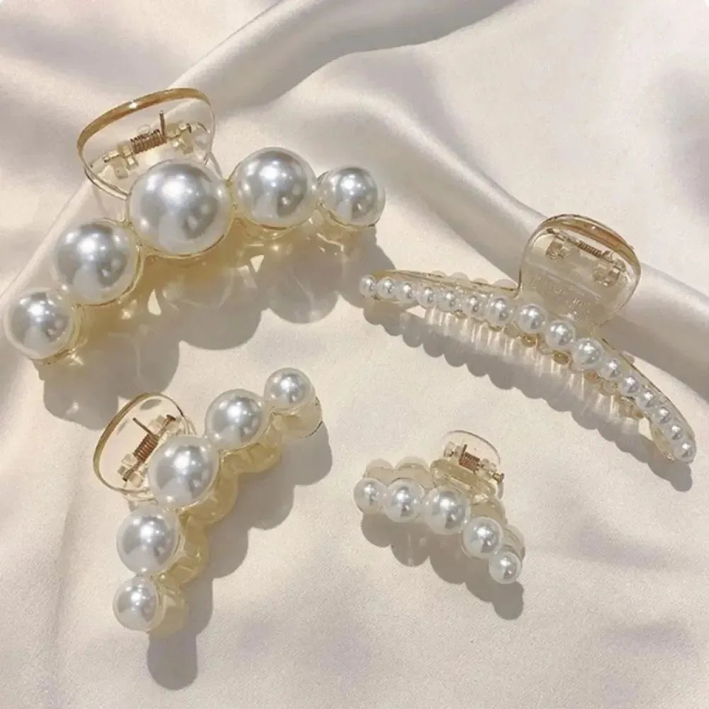 2024168---4pcs Large Shark Clip Hair Accessories Temperament Versatile Simple And Generous Fashionable Gentle Pearl Grab Clip