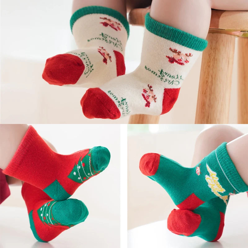 5Pairs Children Christmas Socks Thicken Cotton Newborn Warm Sock Autumn Winter Baby Mid Tube Sock 0-3year Boys Girls Footwear