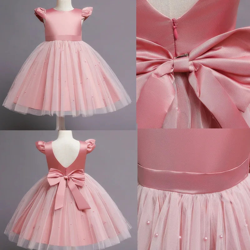 Toddler Girl Flower Birthday Tulle Dress Backless Bow Wedding Gown Kids Party Wear Princess Pink Outfit Baby Girls Bowknot Dress