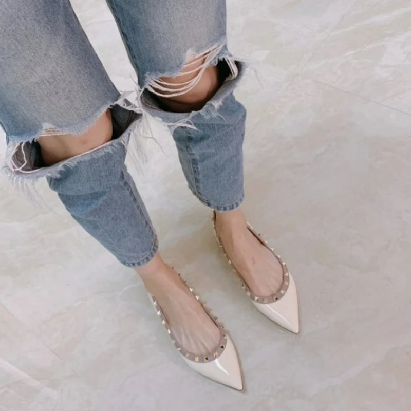 Rivet pointed toe low-heeled shoes spring and summer new retro sexy patent leather sandals fashionable shallow women's shoes