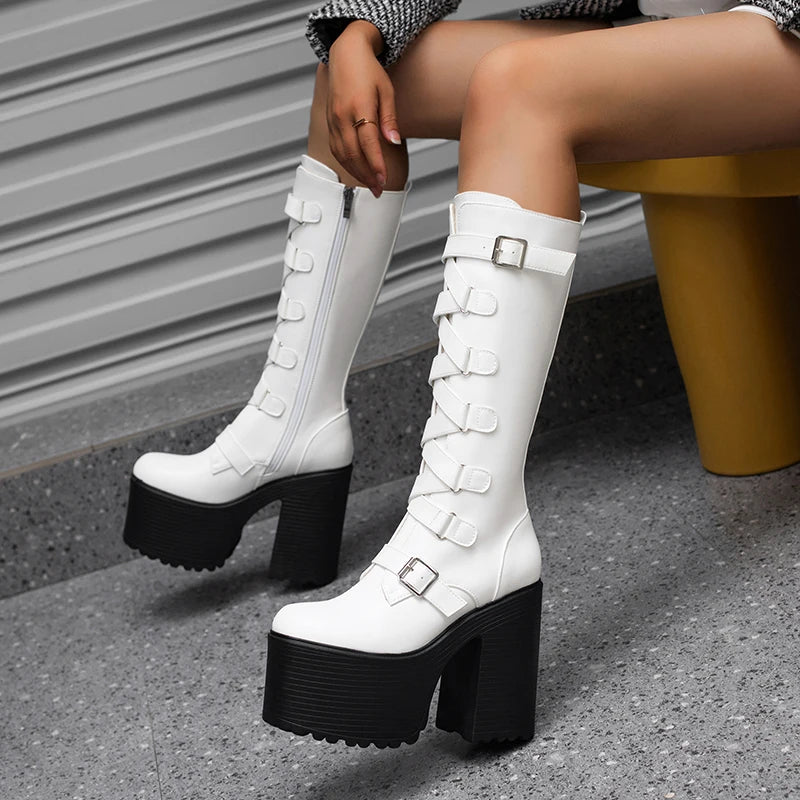 Platform Knee High Boots Women Autumn Winter Punk High Heels Zipper Black White Boot Sexy Buckle Party Goth Shoes Large Size